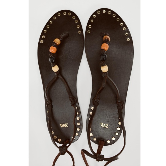NWT Zara Woman BEADED LACE UP LEATHER SANDALS Shoes Size 8 - Picture 6 of 13